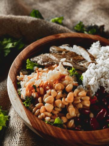 Healthy bowl with chicken, rice, beans, and corn - indicative photo for the Chicken Dishes group